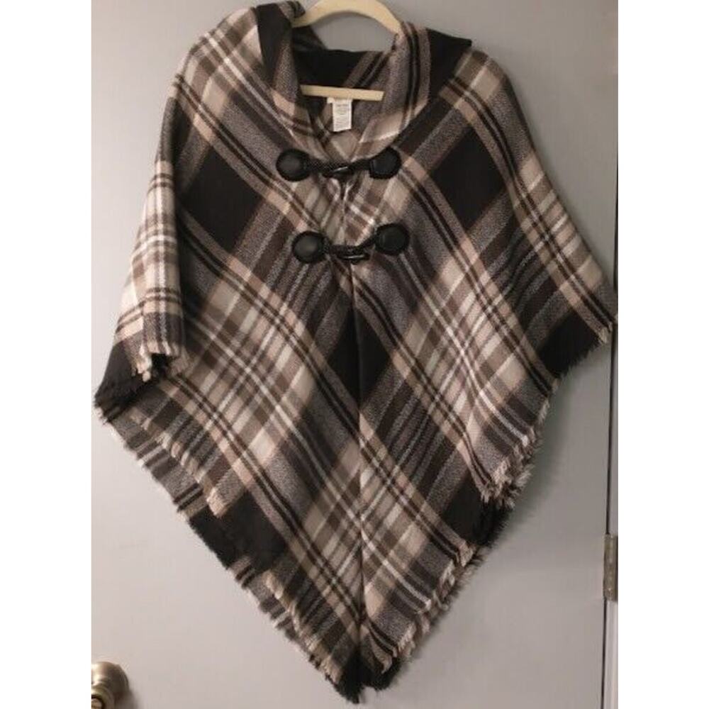 Woman Brown Tartan Plaid Toggle Button Poncho Wrap Hooded Sweater Soft One Size